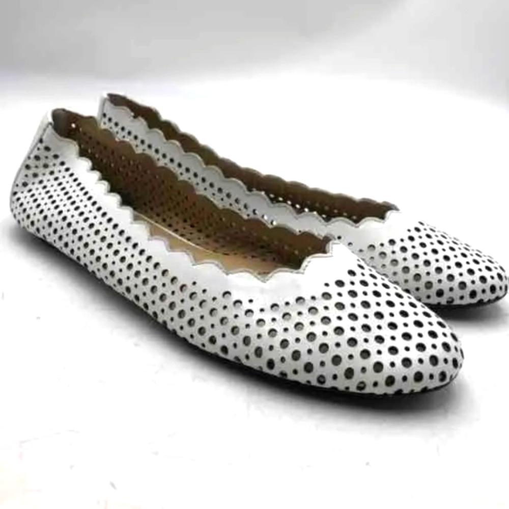 Neiman Marcus White Scalloped Polka Dot Cutout Ballet Flats -Women's Sz …